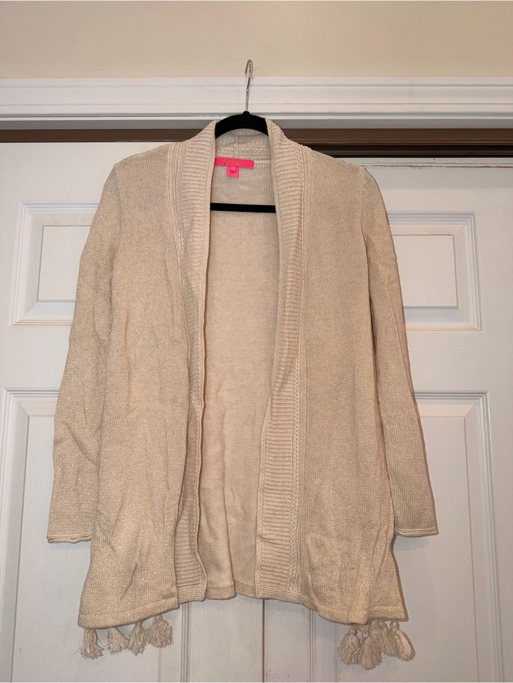 Lilly Pulitzer Metallic Gold Open-Front Sweater Cardigan with Tassel Hem
